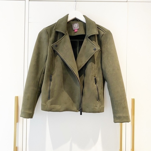 olive Faux Suede Scuba Moto Jacket - Picture 4 of 11